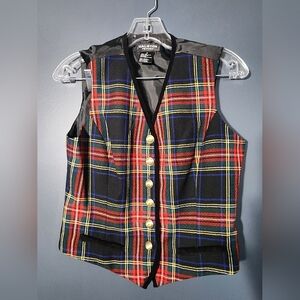 Retro Vintage Wool Plaid Vest with Gold Buttons Small Christmas 90s Clueless